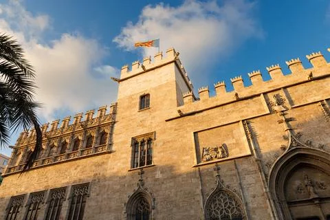 Front facade of La Lonja, a former Gothic silk and commodities exchange bui.. Stock Photos