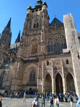 Front façade of St. Vitus Cathedral at Prague Castle Stock Photos