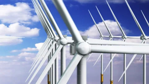 Front Facing 3D Rendered Wind Turbines Spinning on Blue Sky Background Stock Footage 332750281
