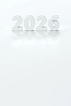 Front facing 3D white 2026 digits standing on reflective white floor with s.. Stock Illustration