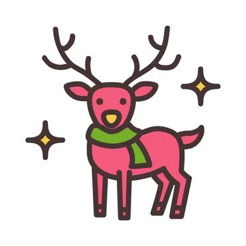Front-facing cute pink reindeer standing on four legs wearing green scarf, sm Stock Illustration