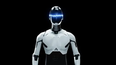 Front facing humanoid AI robot assistant on black background. Stock Illustration