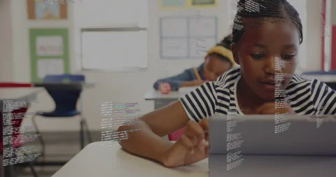 Front female student tapping tablet causing floating code symbols in coding Stock Footage 314868034