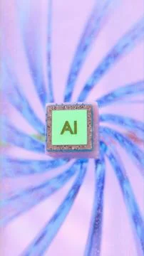 Front-focused AI microchip with glowing green face and radiating blue data .. Stock Illustration
