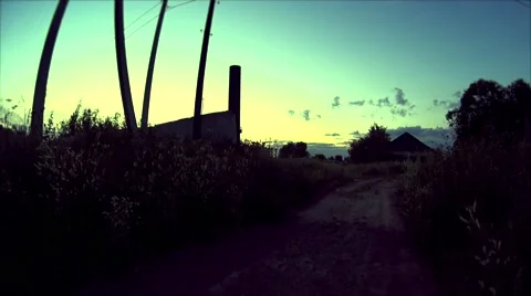Front gate to abandoned farm, high grass field, sunset silhouettes Stock Footage 68908618