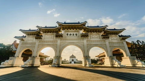 Front gate of Chiang Kai-shek Memorial Hall at dawn, Taipei, Taiwan Stock Footage 99149517