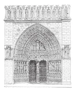 The front gate in the middle of Notre Dame Cathedral vintage engraving Ilustración de archivo