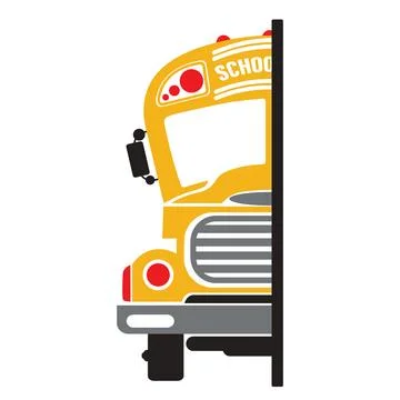 The front half of a school bus is shown with the grille, headlights, and word Stock Illustration