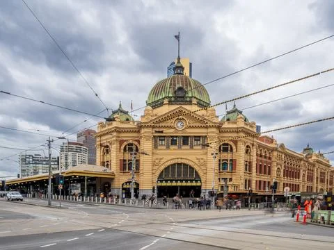 The front of the iconic Flinders Street Station as viewed along Swanston Stre Stock Photos
