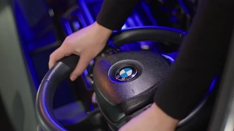 Front instrument panel, gearbox and driver's steering wheel of a BMW vehicle. Video stock 233587530