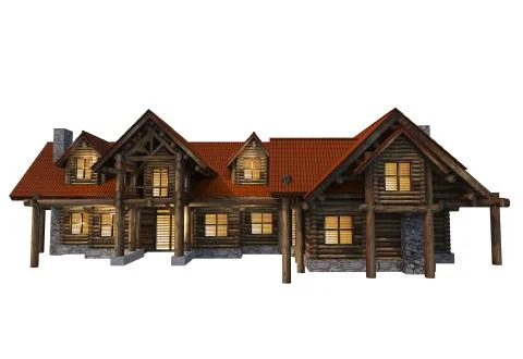 Front of large log house isolated on white. 3d log home render illustration 스톡 일러스트