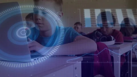 Front-left boy using laptop, starting school task, peers sitting, HUD Stock Footage 330652449
