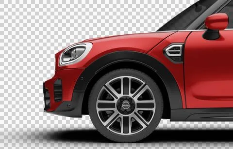 Front left quarter perspective of red Mini Cooper Countryman 2025 on a tran.. Stock Illustration