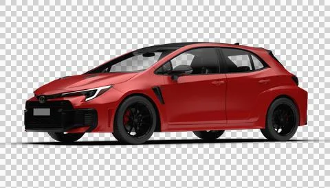 Front left side view of red Toyota Corolla GR 2025 model with transparent b.. Illustrazione stock