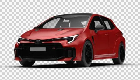 Front left side view of red Toyota Corolla GR 2025 model with transparent b.. Illustrazione stock