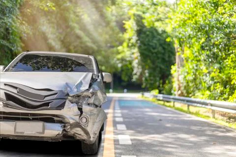 Front of light gray color car with pick up have big damaged and broken by acc Stock Photos