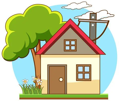Front of a little house with many tree isolated on white background Stock Illustration