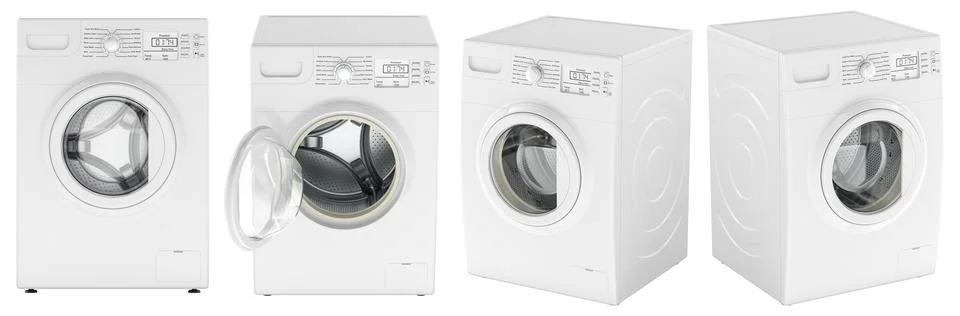 Front load washing machine, different angles, Open and closed door views. 3.. Stock Illustration