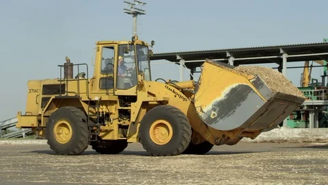 Front loader excavator transporting wood chips at the factory Stock Footage 71360501