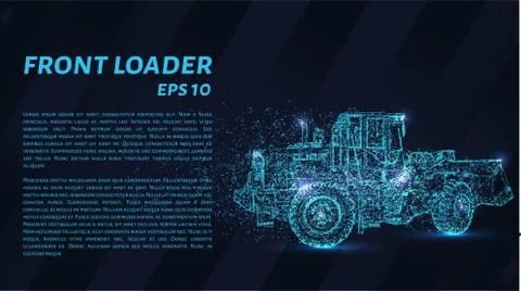 Front loader from the particles. Construction equipment is scattered on small Illustrazione stock