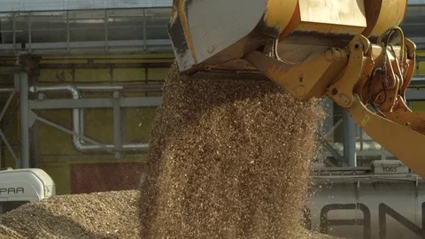Front loader pouring wood chip into a big pile Stock Footage 71270979