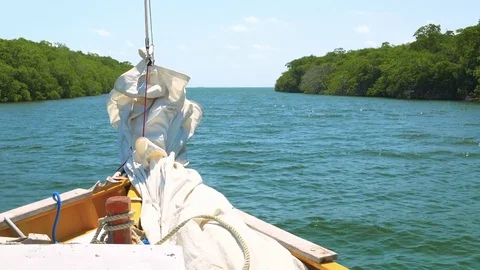 Front look at Sail Boat on a River Stock Footage 74166795