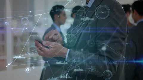 Front man tapping and swiping smartphone, HUD elements appearing and sliding, Stock Footage 329929342