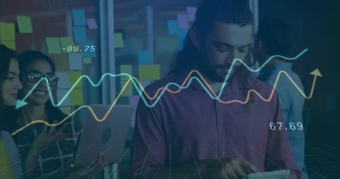 Front man tapping tablet and driving animated line graphs, arrow icons during Vídeo Stock 319853374