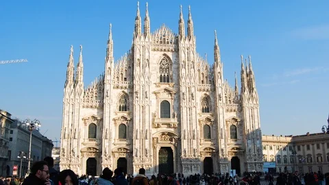 Front of Milan Cathedral called Duomo of Milan -Gothic architecture - Hyperla Stock Footage 101646286