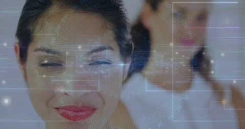 Front model smiling while framing settling triggers HUD aligning with eyes, Stock Footage 328285725