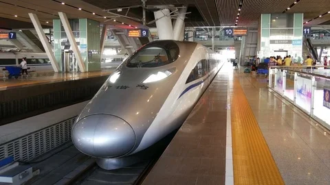 Front nose of High speed train at station with driver Vidéo 74488918