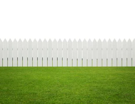 Front or back yard, white wooden fence on the grass isolated on white Stock Photos