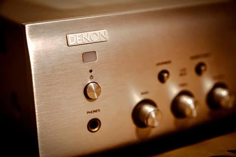 Front panel and logo of a Denon PMA-720AE amplifier - January 17, 2026 Stock Photos