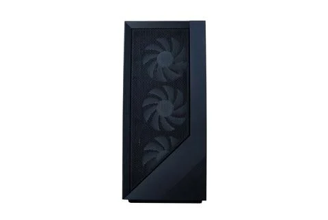 Front panel of a black computer case with a mesh grill and three internal c.. Stock Photos