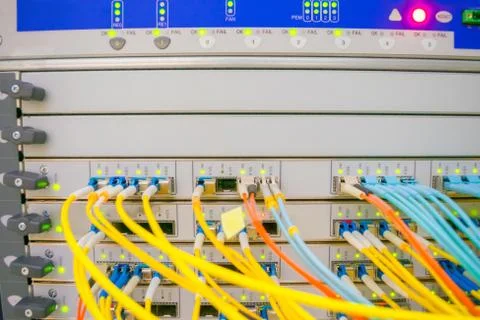 Front panel of the central router with a set of optical links is in the serve Stock Photos
