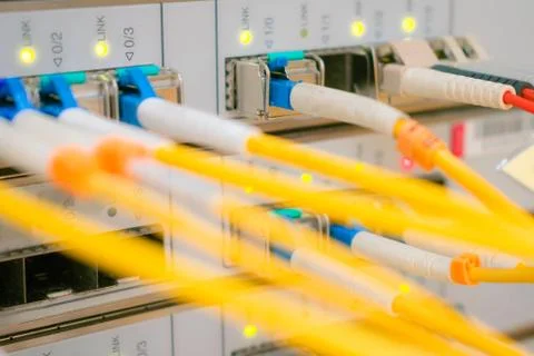 Front panel of the central router with a set of optical links is in the serve Stock Photos