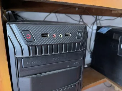 Front panel of computer casing with button and ports Stock Photos