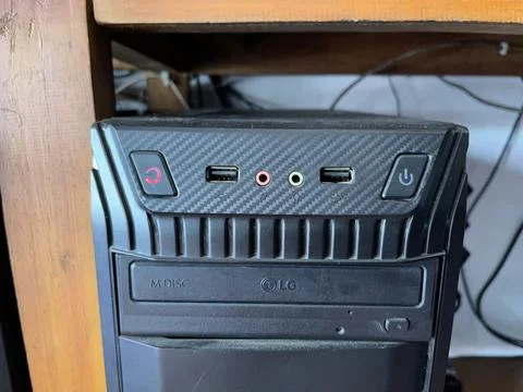 Front panel of computer casing with button and ports Stock Photos