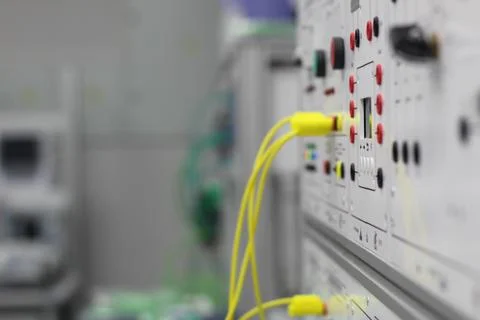 Front panel of electrical equipment with commutation wires and devices. Stock Photos