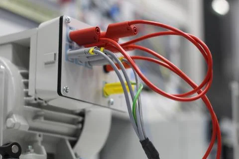 Front panel of electrical equipment with commutation wires and devices. Stock Photos