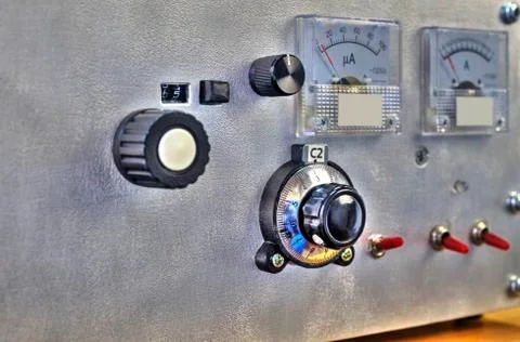 Front panel of a high frequency power amplifier with vacuum tubes Stock Photos