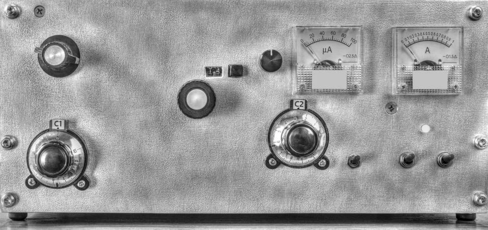 Front panel of a high frequency power amplifier in black and white Stock Photos