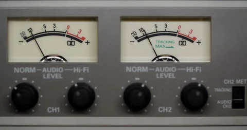 Front panel of a vintage VHS cassette recorder with knobs and volume 動画素材 128104321