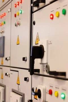 Front panels of electrical control cabinets Stock Photos