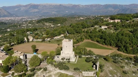 Front panoramic shooting with drone at the ancient Acropolis tower of Civitavecc Stock Footage 147383191