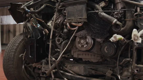 Front Part of Scrap Car with Exposed Engine, Transmission and Gear 스톡 동영상 329434940
