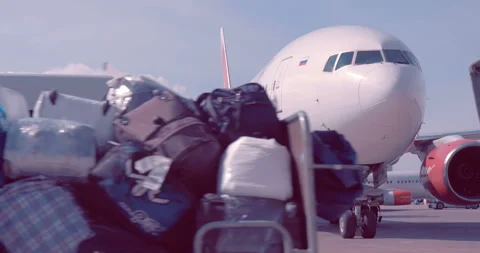 In front of the plane, a service car carries carts with the luggage Stock Footage 119578064