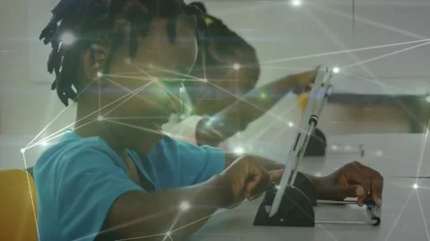 Front pupil tapping tablet and causing network nodes flaring, adjusting black Stock Footage 331227228