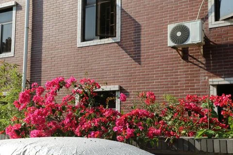 In front of the red brick wall, there is an air conditioner on one side and.. Stock Photos