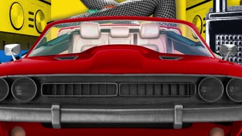 Front of a red muscle car with fishnet legs behind Stock Footage 346778543